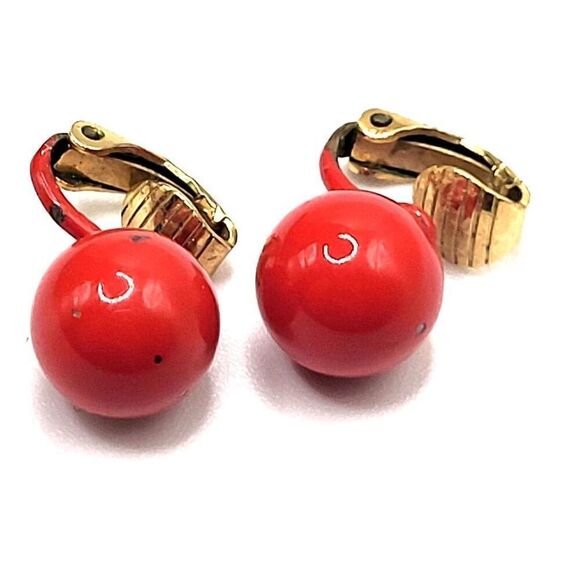Vintage 30s Red Enamel Ball Earring Clip On 0.5in - Picture 1 of 3